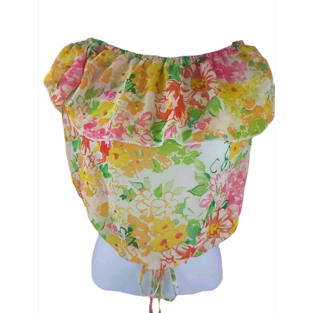 Semi-sheer Floral Ruffled‎ Chiffon Blouse Halter S/P on/off shoulder tie waist